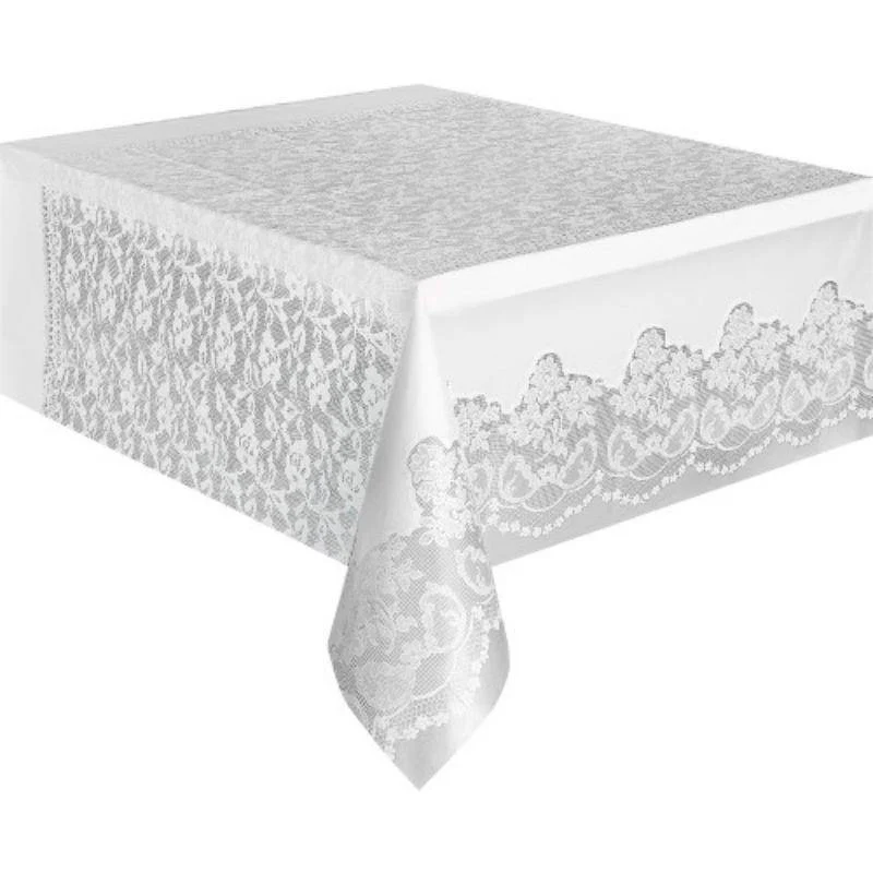 White Laced Plastic Rectangle Tablecover - 137cm x 274cm
