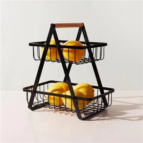 2 Tier Black Wire Wood Handle Bench Top Stand - 27cm x 18cm x 29cm - Image 2