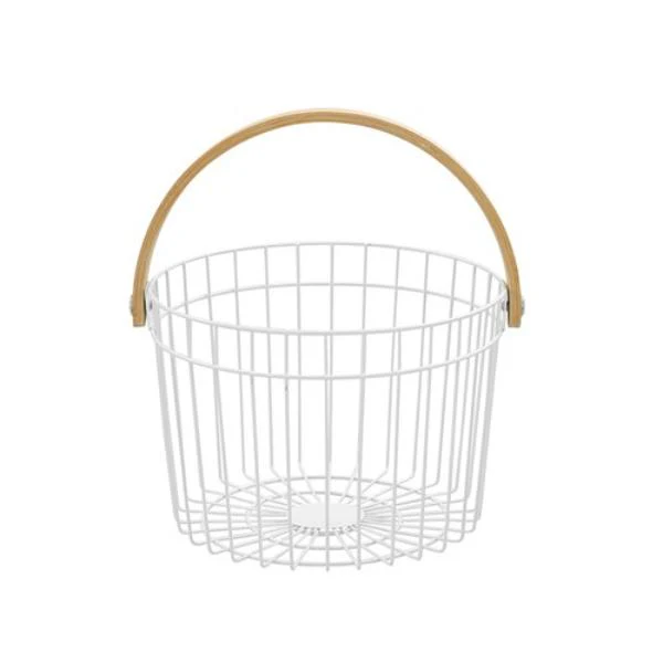 Round White Wire Bamboo Handle Basket - 27cm x 25cm x 18cm - Image 2