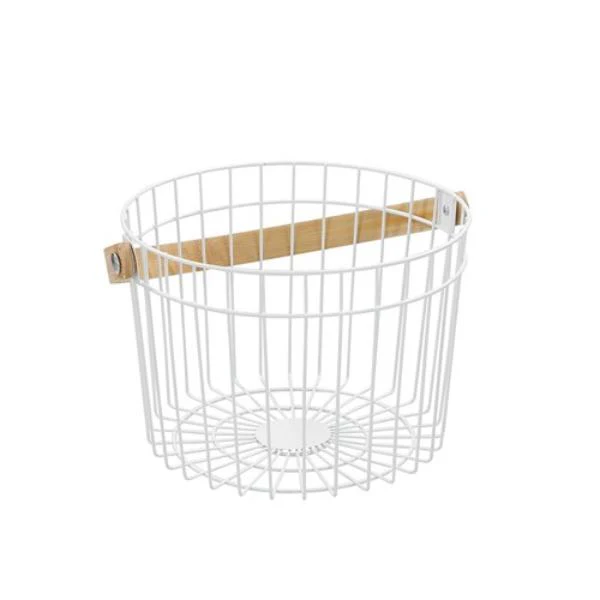 Round White Wire Bamboo Handle Basket - 27cm x 25cm x 18cm - Image 3