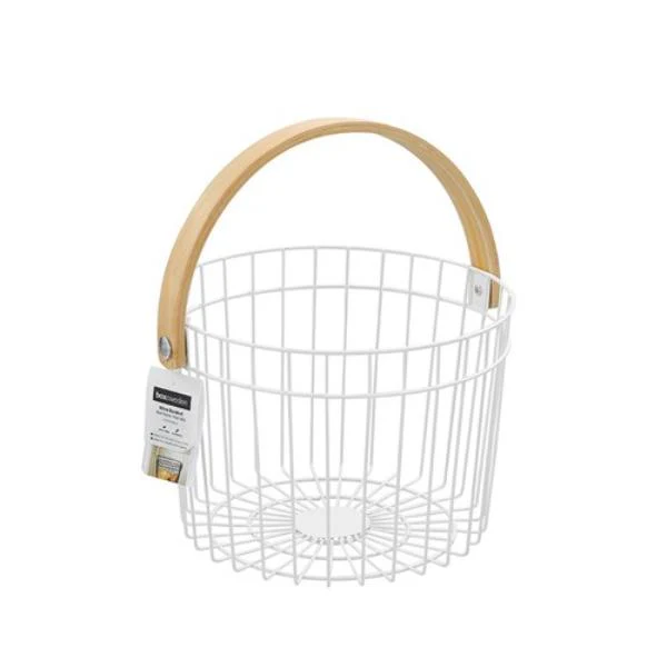 Round White Wire Bamboo Handle Basket - 27cm x 25cm x 18cm - Image 5