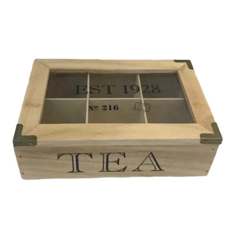 6 Section Wooden Tea Box - 22.8cm x 15.2cm x 7cm
