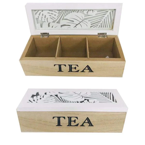 White Wooden 3 Section Tea Box - 24cm x 10cm x 7cm